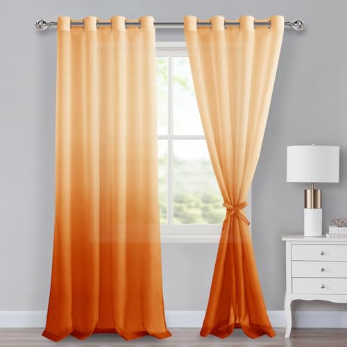 XWZO Voile Gardinen mit Ösen Vorhänge Farbverlauf Vorhang Sheer Ombre Gardinen 2 er Set für Schlafzimmer und Wohnzimmer Schlaufengardinen mit Raffhalter H260xB140cm Orange