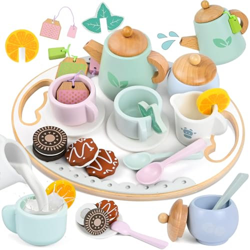 PATEMZON Juego de Té de Madera para Niños 3 4 5 Años, 16 Pcs Servicio de Té Infantil con Bandeja, bolsitas de Té, Tetera y Tazas, Accesorios de Juego de Comida para Niñas la Fiesta de Té de Tarde