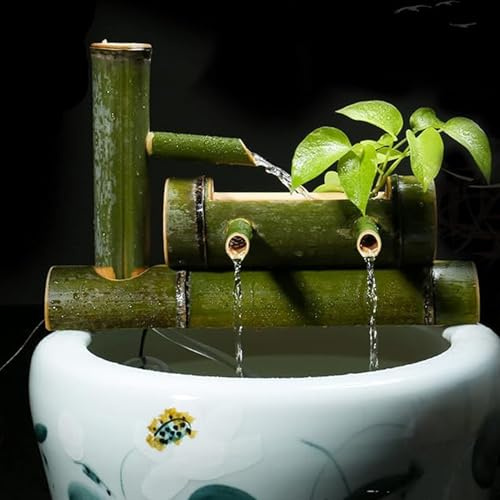 Bambus-Brunnen-Set mit Pumpe, Zen Feng Shui Wasserspiel, Zirkulationsornament, Freistehender Landschaftsbrunnen, Fließendes Wasserdekor für Terrasse, Teich, Hof, Garten