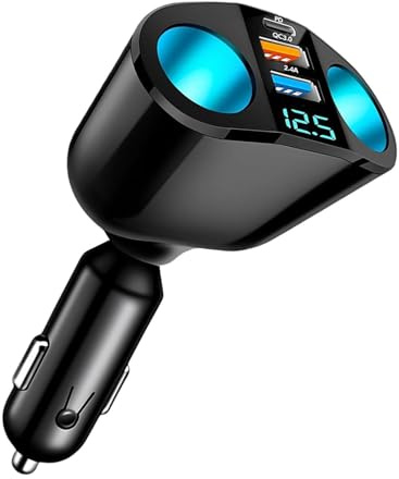 30WUSB C Auto Ladegerät Zigarettenanzünder Verteiler Adapter 12V/24V KFZ Schnellladegerät,2 Fach Autoladegerät Steckdose 120W DC Splitter mit LED Voltmeter,Typ-C + USB Anschlüssen für Handy Tablet Pad