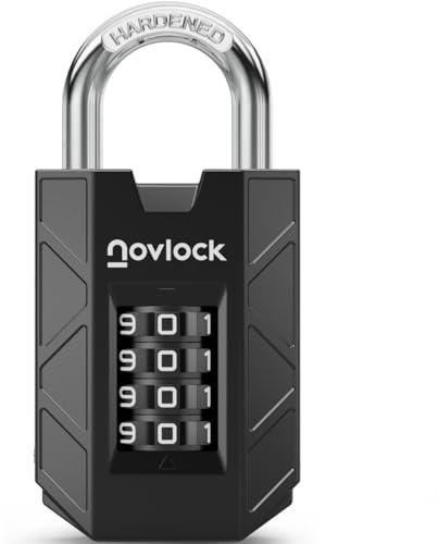 NOVLOCK Candado de combinación de 4 dígitos – resistente y seguro – arco de acero templado de 7 mm – para taquillas, armarios, portones, vallas y cobertizos – 1 unidad, negro