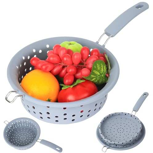 Collapsible Colander with Handle,Silicone Collapsible Colander Sieve,Plastic Colanders & Food Strainers,Foldable Pasta Strainer,Silicone Foldable Strainer for Cooking Draining Fruit Pasta Drainer