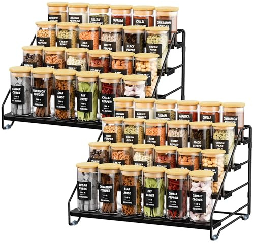 Gucass 2 Stück 4 Etagen Gewürzregal Stehend, Gewürzständer Metall Einstellbar Ohne Bohren, Gewürzhalter Spice Rack Organizer für die Küche, Schrank und Arbeitsplatte, Küchenorganizer Regal (Schwarz)