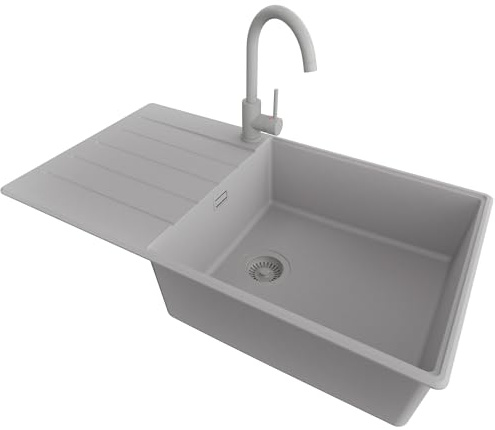 PRIMAGRAN Granitspüle ab 60er Unterschrank + Küchenarmatur, 90x50cm | Set: Küchenarmatur BW5010 + Ablauf-Set (Siphon, Ablaufgarnitur, Überlauf) + Spülbecken 1 Becken - Kopenhagen Top, Alles Grau