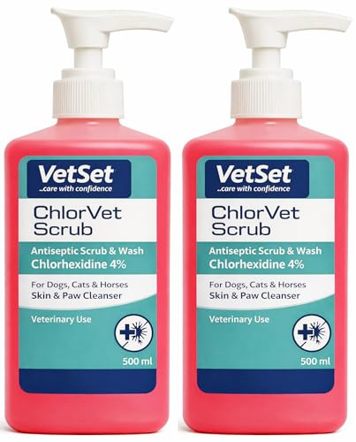 ChlorVet Scrub Chlorhexidine 4% Antiseptic Scrub & Wash for Dogs 2 x 500ml | Veterinary antiseptic scrub and wash for skin, paws and minor wounds; suitable for dogs, cats, horses and livestock