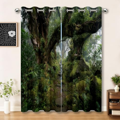 Gardinen Schlaufenschal 2er Set - Natur Wald Weinreben Bäume Küchen Vorhänge, H240×B132 cm Blickdichte Gardinen, Dunkelgrün Verdunklungsvorhänge Kinderzimmer Thermovorhang Gegen Kälte