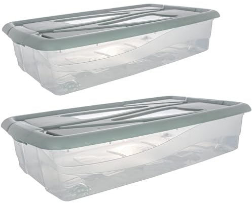 LIVINJA Unterbettkommode mit Rollen - 2er Set Unterbett Aufbewahrungsboxen 45L transparent mit Deckel & Clip-Verschlüssen, Made in EU (75x41x16,5cm)