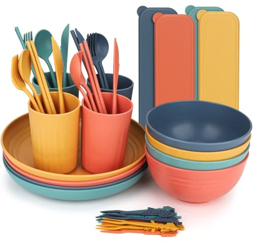 44 Pezzi Set di Stoviglie da Campeggio Indistruttibili - Set di Piatti e Ciotole in Plastica Riutilizzabili per 4 Persone - Tazze e Posate Complete per Picnic, Feste e Barbecue