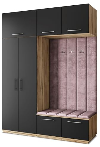 Masseno Flugarderoben Set Rema, Kleiderschrank-Set mit Sitzbank, Garderobenschrank Flur mit 5 Regalböden, Eiche Wotan/Schwarz