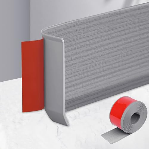 MeYuxg Plinthe souple autocollante en PVC, plinthe de sol autocollante, 15 cm x 3,0 m, bande de sol, plinthe murale pour cuisine, bande de transition pour salon, chambre (rayure de bois gris)