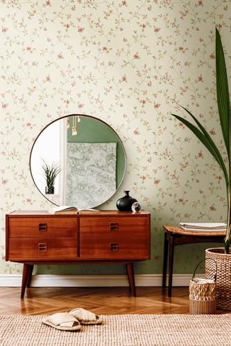 TAPETE LIVING Vliestapete Blumen Creme Grün Rosa Florale Blumentapete Vintage Landhaus Wandtapete Blüten Floral
