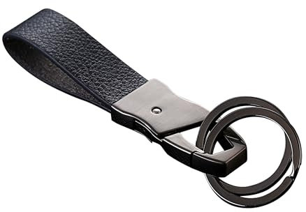 Cerbery® | Eleganter Schlüsselanhänger aus Leder mit Ringen und Geschenkbox | Schlüsselband Schlüsselbund Schlüsselhalter Schlüsselring Auto Foto Gravur Ring | Damen Herren | Geschenk (Schwarz)