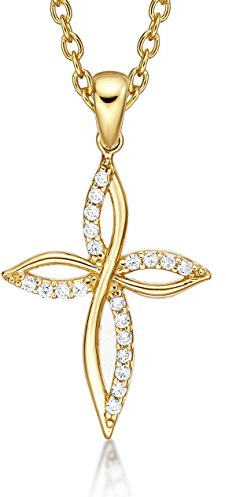Diamond Treats 9 Karat Gold Kreuz Anhänger mit kubischen Zirkonia und Kette, zierliche 9K Gelbgold Kreuz-Anhänger Halskette für Damen und Mädchen, Kreuz Kette mit 50 cm Goldkette, 375 Echt Gold Kreuz