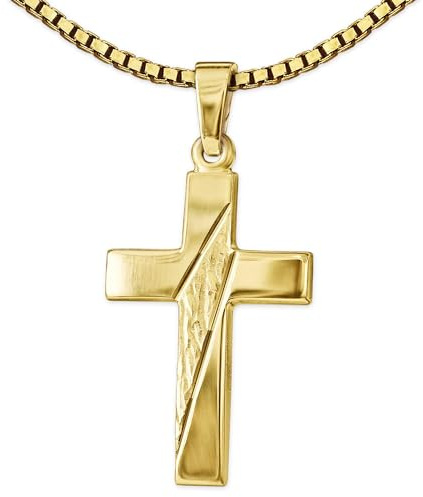 CLEVER SCHMUCK Kreuzkette Gold 21mm gemustert diamantiert glänzend 333 GOLD + vergoldeter Veneziakette 45 cm Konfirmation Geschenk Etui
