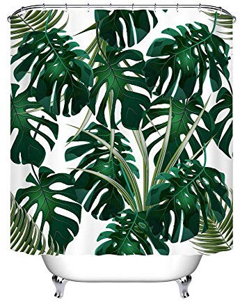 LB Dunkel Grün Monstera Blätter Duschvorhang Tropischer Dschungel Pflanzen Badewanne Gardinen Wasserdicht Anti Schimmel Weiß Polyester Badezimmer Vorhänge mit 10 Haken,150x180cm