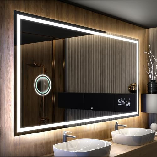 Badspiegel 100x60cm mit LED Beleuchtung - Wählen Sie Zubehör - Individuell Nach Maß - Beleuchtet Wandspiegel Lichtspiegel Badezimmerspiegel - LED Farbe zu Wählen Kaltweiß/Warmweiß L49