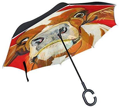 Wamika Regenschirm, Motiv: Ölgemälde, Kuh, umgekehrt, Rot, doppelschichtig, winddicht, selbststehend, UV-Schutz, nicht automatisch, großer gerader Regenschirm mit C-förmigem Griff für Autoregen