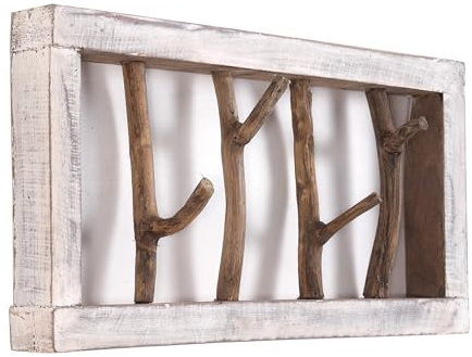 DESIGN DELIGHTS RUSTIKALE WANDGARDEROBE Limb | 45x23x~10-13 cm (BxHxT), Treibholz | Hakenleiste | Farbe: 05 weiß-Natur