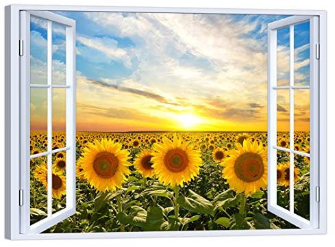 LuxHomeDecor Quadro Finestra Campo di Girasoli 100x75 cm Stampa su Tela con Telaio in Legno Arredamento Arte Arredo Moderno