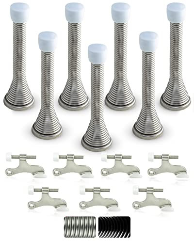 Jack N’ Drill (3 ⅛) Spring Door Stopper (7 Pack) w/ 3X Hinge Pin Door Stops | Flexi Heavy Duty Door Stop for Home, Office - Rustproof, Bendable Spring Steel & Durable Rubber Tips