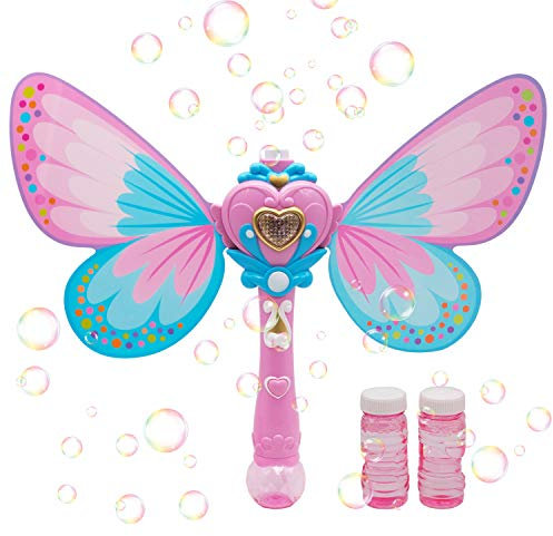 King Sport Bubble Machine Magic Bubble Wand Bubble Blower with Light & Music, 2 Bubble Solution Bottle – Blue Maker Butterfly Safe Durable Simple Handheld Bubble Maker Toys