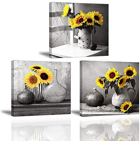 Piy Painting Sonnenblume Bilder Leinwandbild Fotoleinwand Sonnenblumen sehnen Sich nach Sonne Kunstdrucke auf Leinwand Malerei Home Deko für Wohnzimmer Schlafzimmer Flur Wand 30x30cm 3set