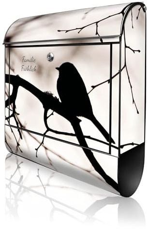 banjado Design Briefkasten personalisiert 38,5x46,5x13cm & 2 Schlüssel - Briefkasten Stahl Schwarz Zeitungsfach pulverbeschichtet - Postkasten A4 Einwurf inkl. Montagematerial - Motiv Früher Vogel