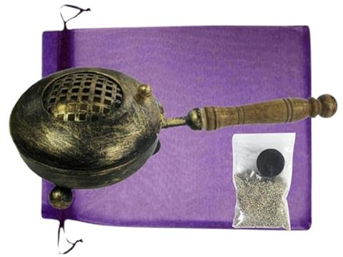 Weihrauchbrenner Räuchergefäß Räucherpfanne Profi Räucherstövchen aus Bronze 6-TLG Räucherset zum räuchern mit Räucherzubehör. 9706A