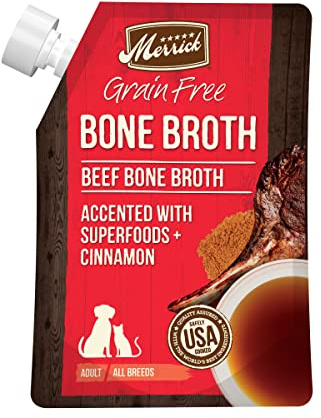 Merrick Grain Free Beef Bone Broth Dog and Cat Food Topper, Premium Grain-Free Complement, 16 oz. Pouch