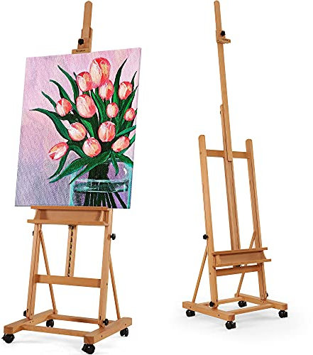VISWIN Large H-Frame Easel for Painting 75-146 H, Adjustable Beech Wood Artist Easel Stand with 4 Wheels, Storage Tray & Extended Mast, Hold Canvas up to 93, Large Art Floor Easel for Adults - N