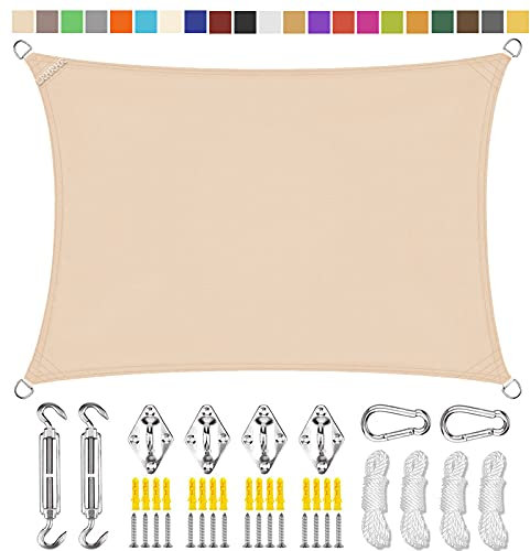 LRHRHR Voile d'ombrage Rectangulaire, Polyester Toile Solaire Imperméable Anti UV avec kit de Fixation, pour Jardin Terrasse- Beige|| 2x2m(6.5x6.5ft)