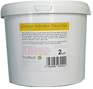 Trustleaf Perline in gel di silice autoindicanti, 2 kg, arancioni, 2-4 mm, vaschetta riutilizzabile, deumidificare, asciugare i fiori, conservazione, vaschetta da 2 kg