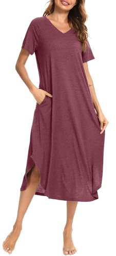 Nieery Women Nightdress Long Style Short Sleeve Nightgown, V Neck Cotton Nighties Nightshirts Sleepwear Night Summer Dress (Wine Red, Large)