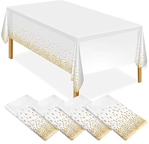 ELECLAND 4 Stück weiße und goldene Party-Tischdecke, Kunststoff-Tischdecke, 137x274 cm, goldfarbene Punkte, Konfetti-Tischdecke, Halloween, Weihnachtsdekoration