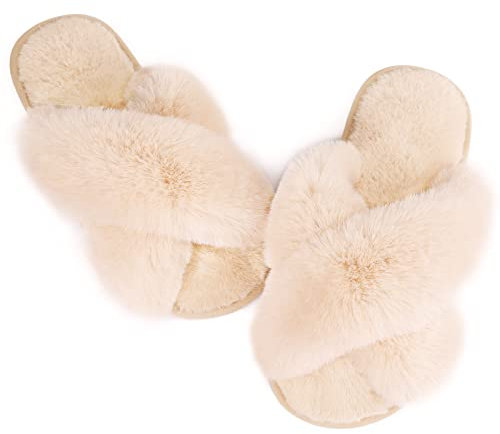 Ankis Hausschuhe Damen Plüsch mit Kreuzband Warme Pantoffeln, Memory-Schaum und Offene Zehenpartie Flauschige Hausschuhe Damen für Drinnen und Draußen (Kamel - 38/39 EU)