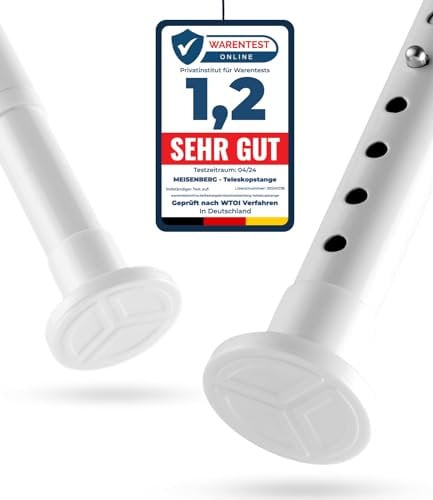 MEISENBERG Teleskopstange zum Klemmen 160-210cm, Weiß, Ø 25 mm, Duschvorhangstange ohne Bohren - Teleskop Gardinenstange - Vorhangstange für Fenster, Raumteiler und Küche