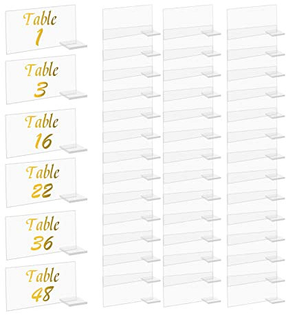 CDIYTOOL 48 Stück transparente, rechteckige Acryl-Tischkarten mit 48 Haltern, leere Acrylplatte, DIY, Gästennamen, Karten, Tischnummern für Hochzeit, Party, Tischdekoration