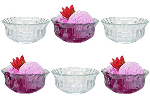 GK Global Kitchen 6-Piece Glass Dessert Bowls Sundae Ice Cream Set of 6 Appetiser Fruit Salads Pudding Glass Dishes Small Fruit Starter Serving Glass Bowls, Embossed, Clear