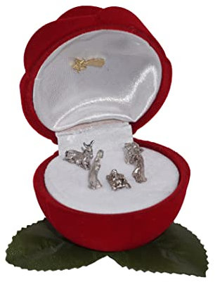 lazzaro italy Mini crèche en forme de Rose velouté et crèche en métal argenté. Miniature originale de collection Sainte Famille, crèche du Bœuf et de l'Âne. Idée cadeau décoration de Noël. 6 x 5,5