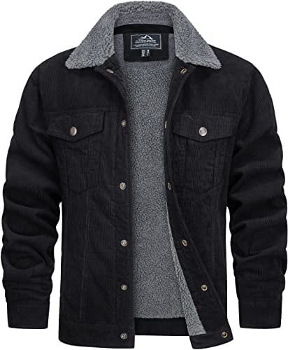 TACVASEN Veste Cargo en Coton pour Homme Coupe-Vent pour L'Extérieur pour le Travail la Pêche en Velours Côtelé Noir,S