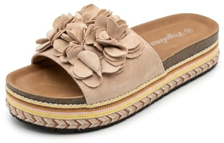 Pogolino Damen Sandalen Pantoletten Plateau Sommer Schlappen Sandaletten Blume TL891– Beige 39