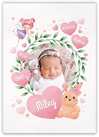 Maverton Fotoleinwand mit eigenem Foto, personalisiertes Fotocollage | Mit Holzrahmen, Größe 30x40 oder 50x70, Wandbild auf Leinwand für für Mädchen, für Frauen, Geburt, 50 x 70 cm