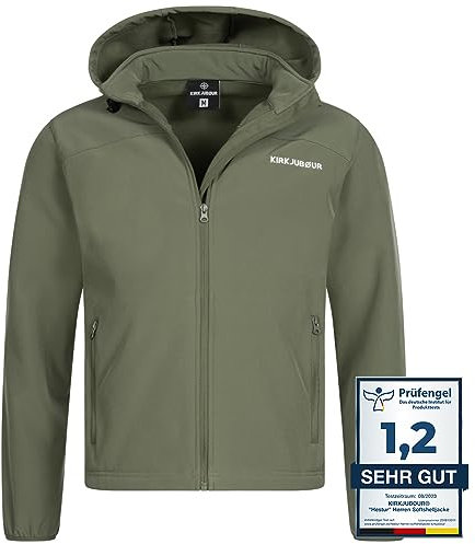 Kirkjubøur® Hestur Herren SOFTSHELLjacke 10.000 mm Wassersäule mit Kapuze und Fleecefutter, atmungsaktiv und wasserabweisend mit Stehkragen, Outdoor (as3, alpha, l, regular, regular, Grün)