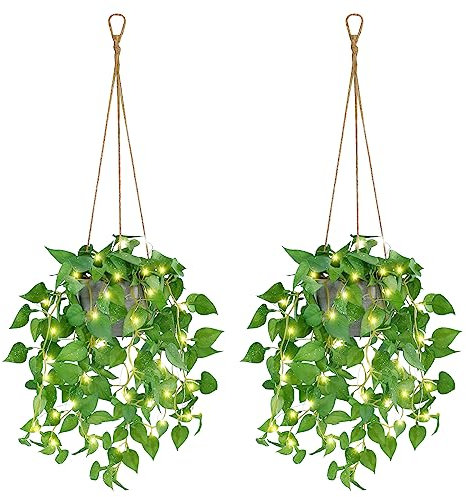 TNNTOPELE Paquete de 2 Plantas Colgantes Falsas con Luces LED, Plantas Colgantes Artificiales con macetas, Plantas Artificiales para decoración del hogar, Pared, Interior, Exterior, Oficina,