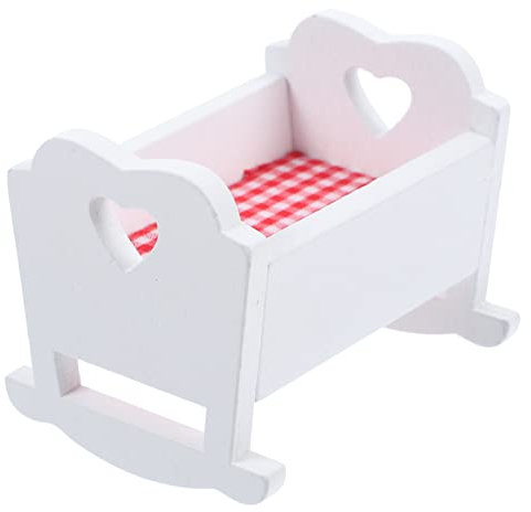 STOBOK Miniature Wooden Crib Cradle for Baby Doll House - White Bassinet With Cloth