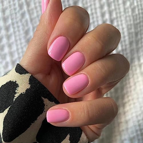 Short Square False Nails, 24Pcs Pink Press on Nails, Glossy Pure Color Stick on Nails, Full Cover Fake Nail, Removable Glue-on Nail Tips with Nail Glue Women Girls Nail Art Accessories(Pink)