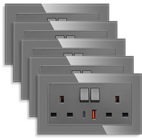 5 Pack CNBINGO USB Fast Charging with Glass Double Switched Socket, 20W Type-C (PD) and USB-A (QC) with Electric Power Socket, Grey Tempered Glass Panel Wall Outlet