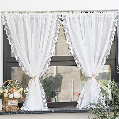 Yaland Leinenoptik Scheibengardine mit zarten Spitzen-Wellenkante Gardine in Küche, Wohnzummer,Balkon Landhausstil Stangendurchzug 1 Stück, Weiß, BxH 80x120cm