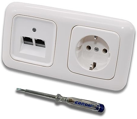 Busch Jäger, Rutenbeck Prise réseau encastrée 10 Gigabit/S (10GbE) KAT6A 6A 2 connecteurs RJ45 + prise 20EUC-214 au design BJ ReflexSi blanc alpin + testeur de phase EBROM