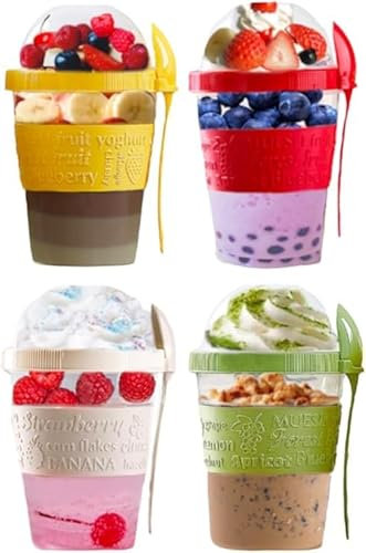 4All 4Pcs Yogurt Pots 20Oz Reuseable 600ml Oats With Lid & Spoon BPA free Breakfast Pots to Go Cereal Container On the Go Dishwasher Safe Lunch Oatmeal Jars (Set of 4 Red, Cream, Green & Yellow)